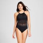 Women's Crochet High Neck One Piece Swimsuit - Aqua Green Black