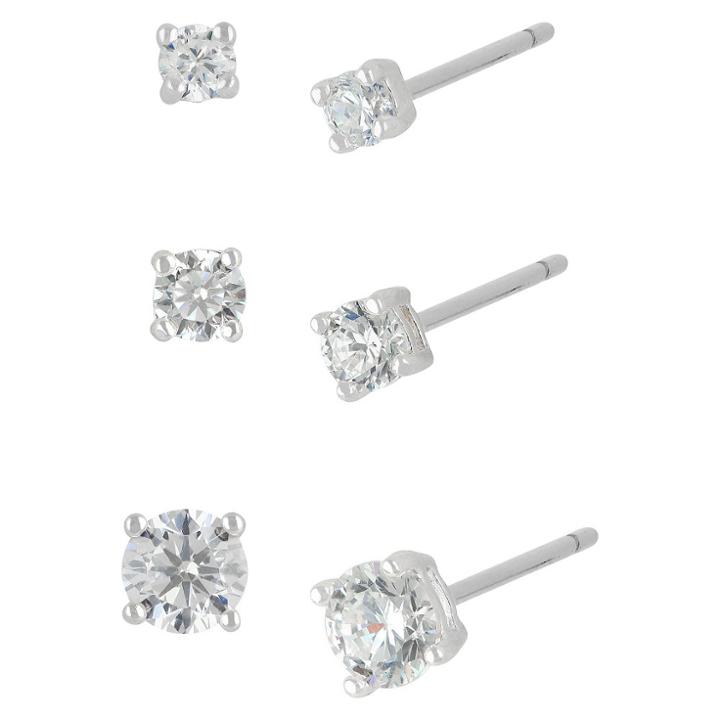 Distributed By Target Women's Sterling Silver Stud Earrings Set With 3 Pairs Of Round Cubic Zirconia -silver, Silver/white Crystal