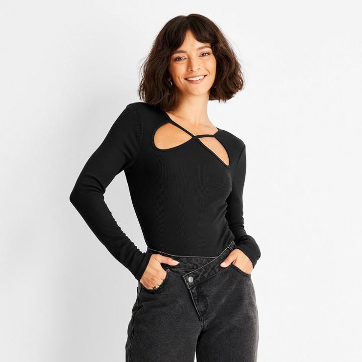 Women's Ribbed Cut Out Neck Bodysuit - Future Collective With Kahlana Barfield Brown Black Xxs