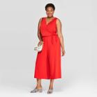 Women's Plus Size Sleeveless V-neck Tie Detail Knit Jumpsuit - Ava & Viv Red