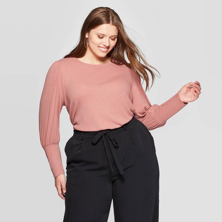 Women's Plus Size Puff Long Sleeve Crewneck Top - Ava & Viv