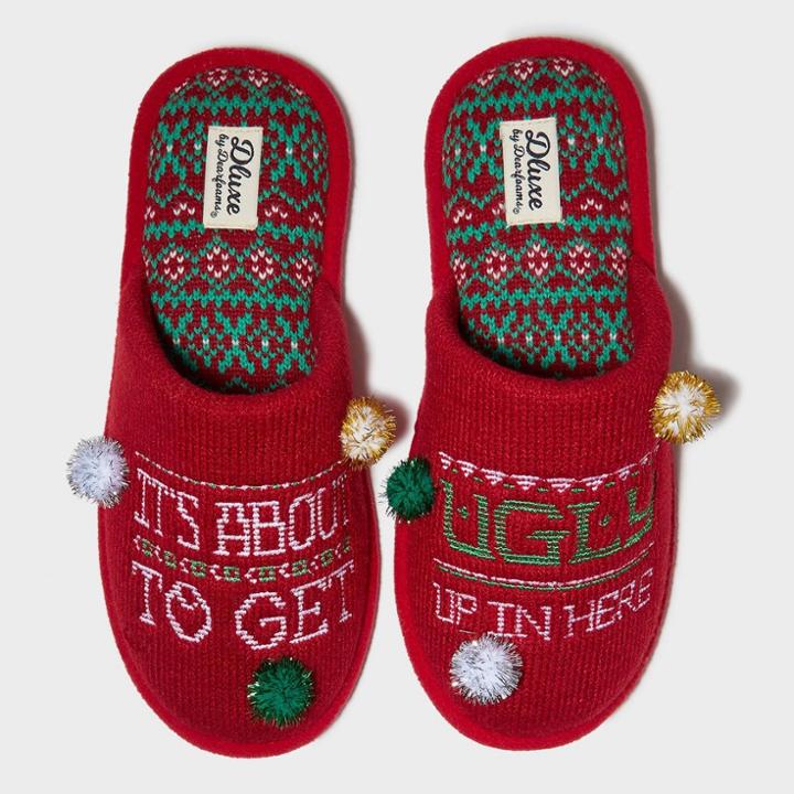 Men's Dluxe By Dearfoams Poms Ugly Holiday Slippers - Red M(9-10), Adult Unisex, Size: Medium(9-10), Gold Red Green