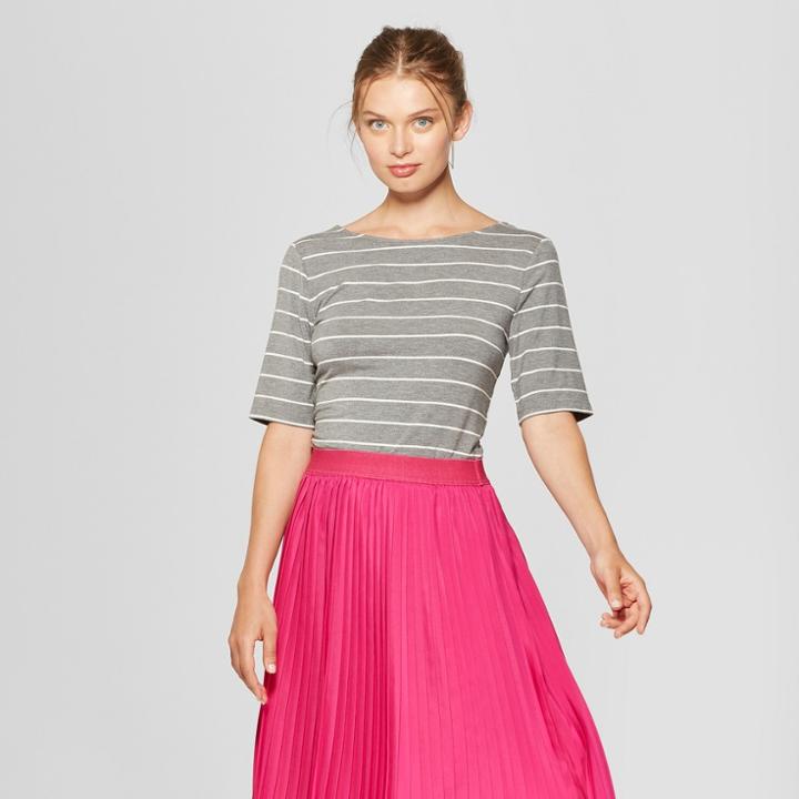 Women's Slim Fit Striped Elbow Sleeve Ballet - Back T-shirt - A New Day Gray/white