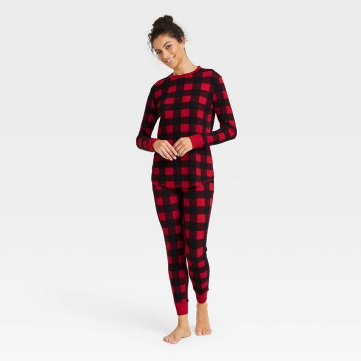 Women's Thermal Pajama Set - Stars Above Plaid Red