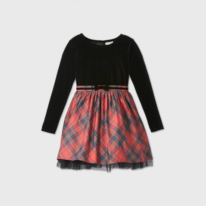 Girls' Plaid Velvet Long Sleeve Dress - Cat & Jack Black