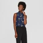 Women's Floral Print Sleeveless High Neck Ruffle Top - A New Day Navy