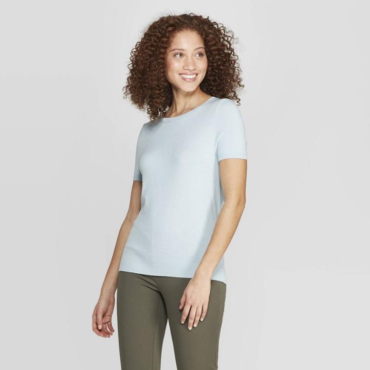 Women's Short Sleeve Crewneck Sweater - A New Day Turquoise