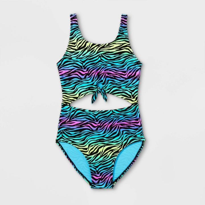 Girls' Zebra Print Tie-front One Piece Swimsuit - Art Class Black
