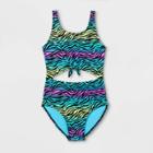 Girls' Zebra Print Tie-front One Piece Swimsuit - Art Class Black