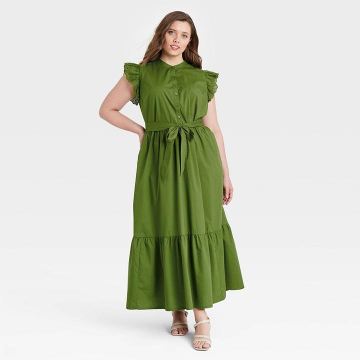 Women's Plus Size Ruffle Short Sleeve A-line Dress - Who What Wear Green