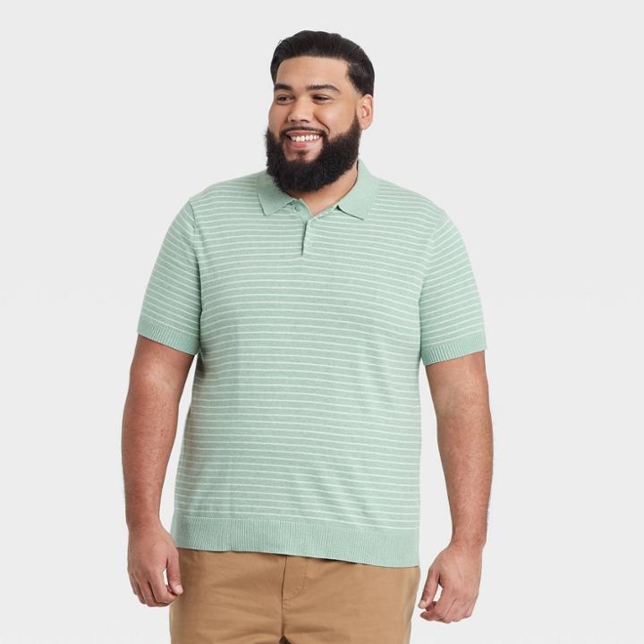 Men's Tall Striped Standard Fit Short Sleeve Sweater Polo - Goodfellow & Co Green