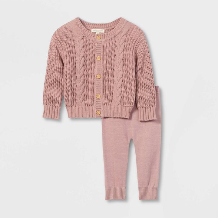 Grayson Collective Baby Girls' Cable Knit Cardigan & Leggings Set - Rose Pink