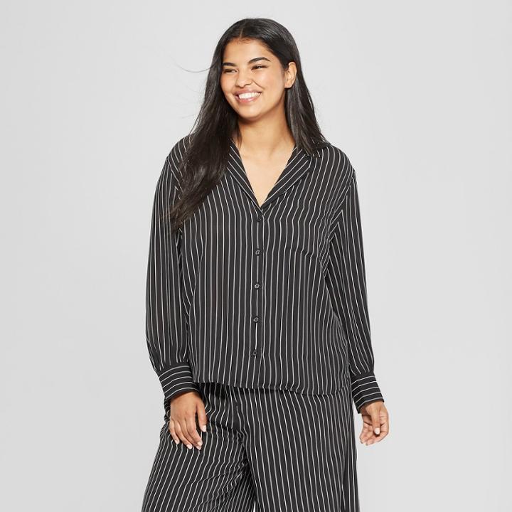Women's Plus Size Striped Long Sleeve Secretary Shirt - Who What Wear Black/white 3x, Black/white
