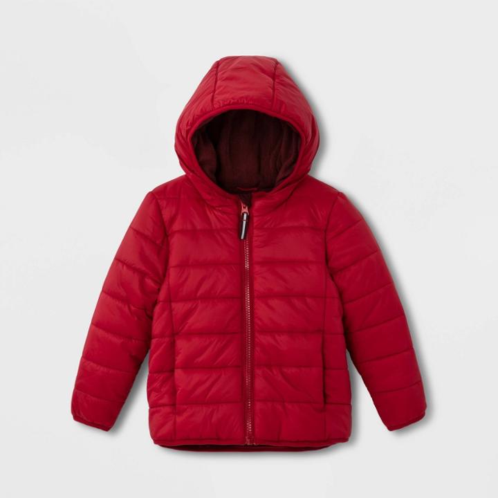 Toddler Long Sleeve Lightweight Puffer Jacket - Cat & Jack Red 12m, Toddler Unisex