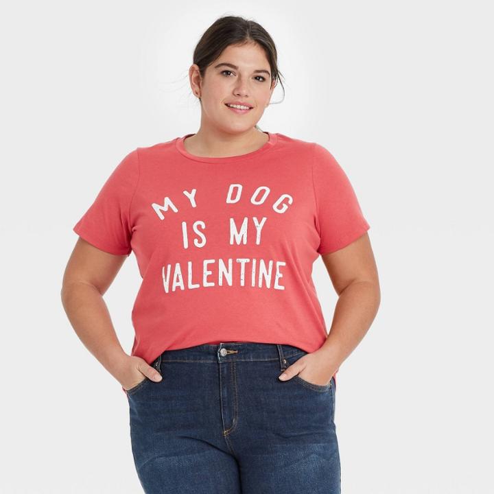 Grayson Threads Women's Plus Size My Dog Is My Valentine Short Sleeve Graphic T-shirt - Rose
