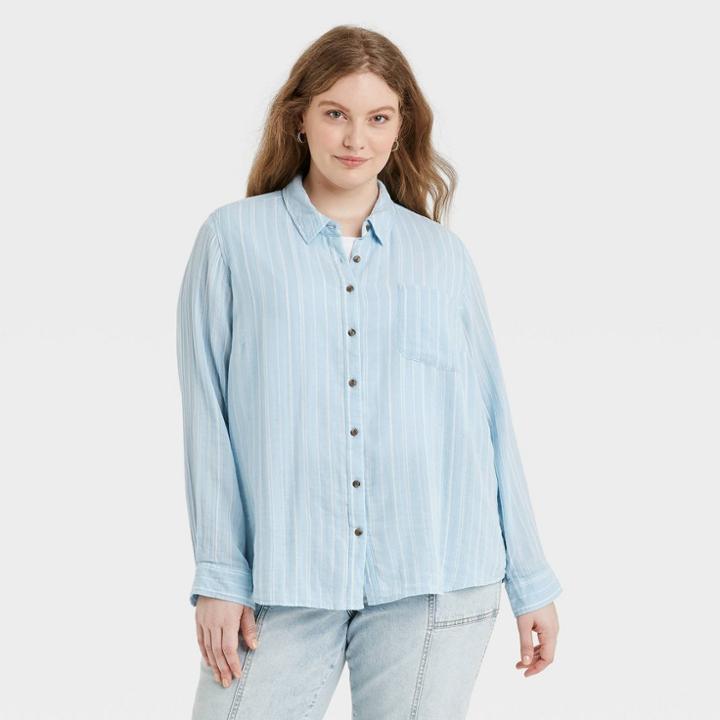 Women's Plus Size Long Sleeve Gauze Button-down Shirt - Universal Thread Light Blue