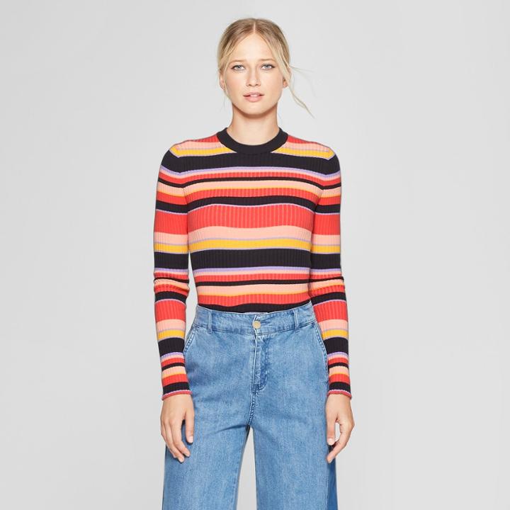 Women's Striped Long Sleeve Crew Sweater - Who What Wear Red/black Xxl, Red/black