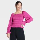Women's Puff Long Sleeve Slim Fit Smocked Top - A New Day Magenta