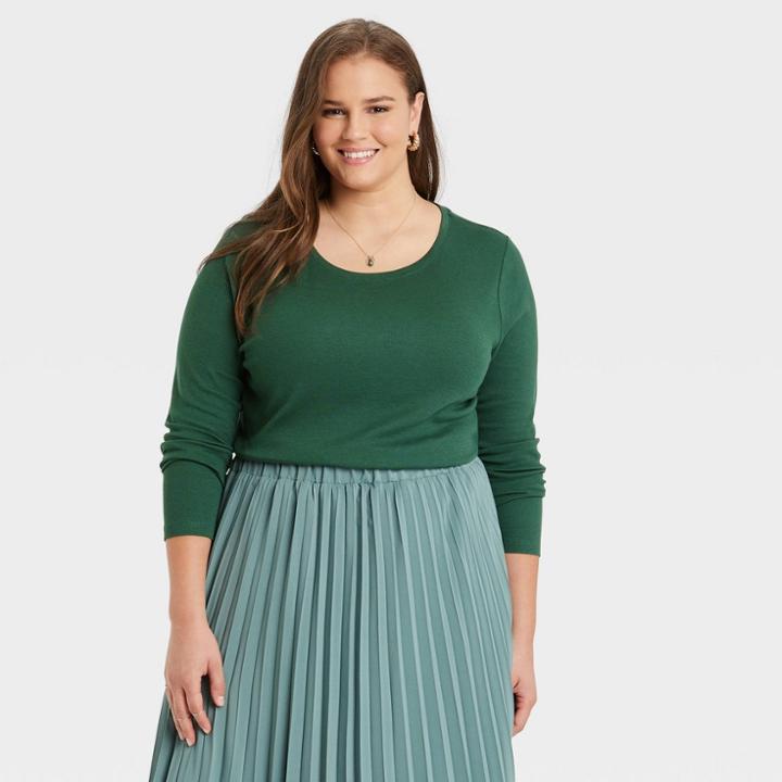 Women's Plus Size Long Sleeve Ribbed T-shirt - A New Day Dark Green