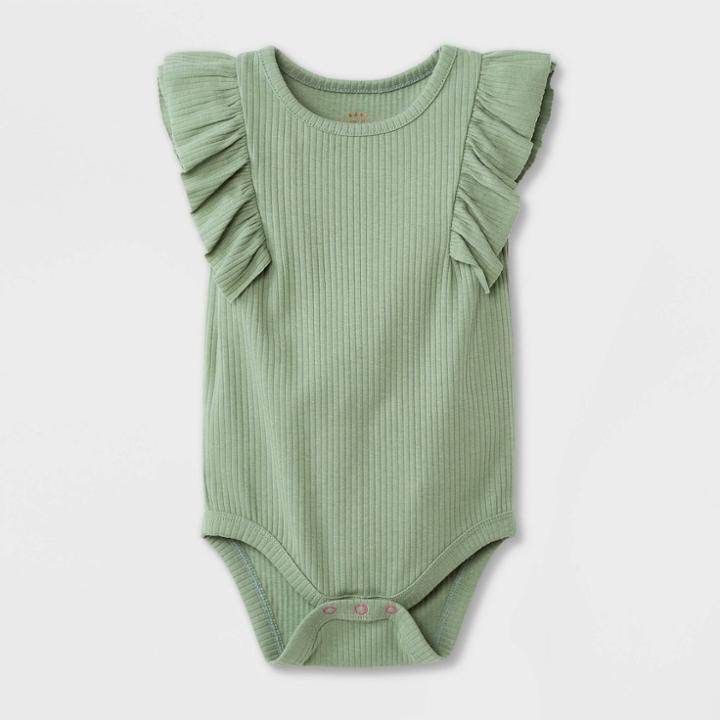 Baby Girls' Ruffle Rib Short Sleeve Bodysuit - Cat & Jack Sage Green Newborn