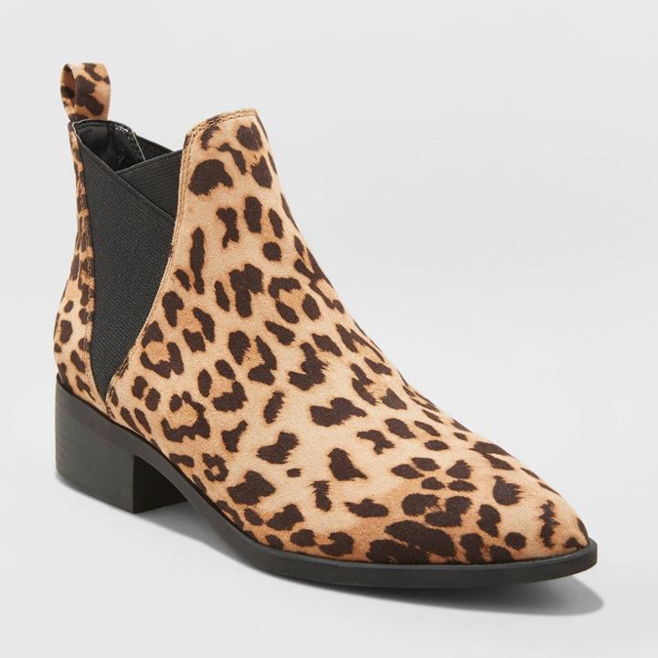 Women's Krista Microsuede Pointed Leopard Chelsea Bootie - A New Day Brown