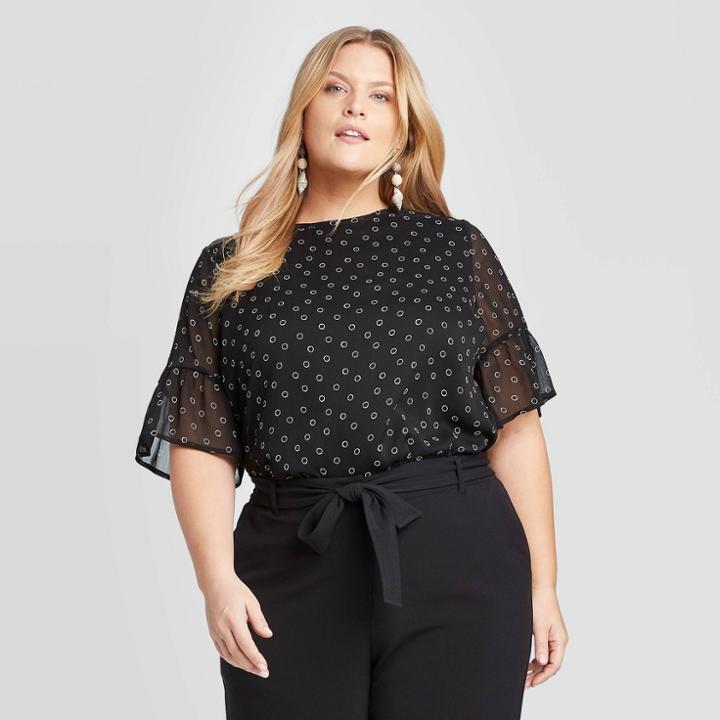 Women's Plus Size Polka Dot Short Sleeve Crewneck Chiffon Blouse - Ava & Viv Black X, Women's