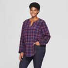 Women's Plus Size Plaid Long Sleeve Woven Popover - Ava & Viv Navy