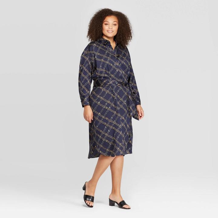 Women's Plus Size Long Sleeve Collared Midi Dress - Who What Wear Blue