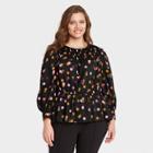 Women's Plus Size Polka Dot Balloon Long Sleeve Smocked Top - Who What Wear Black