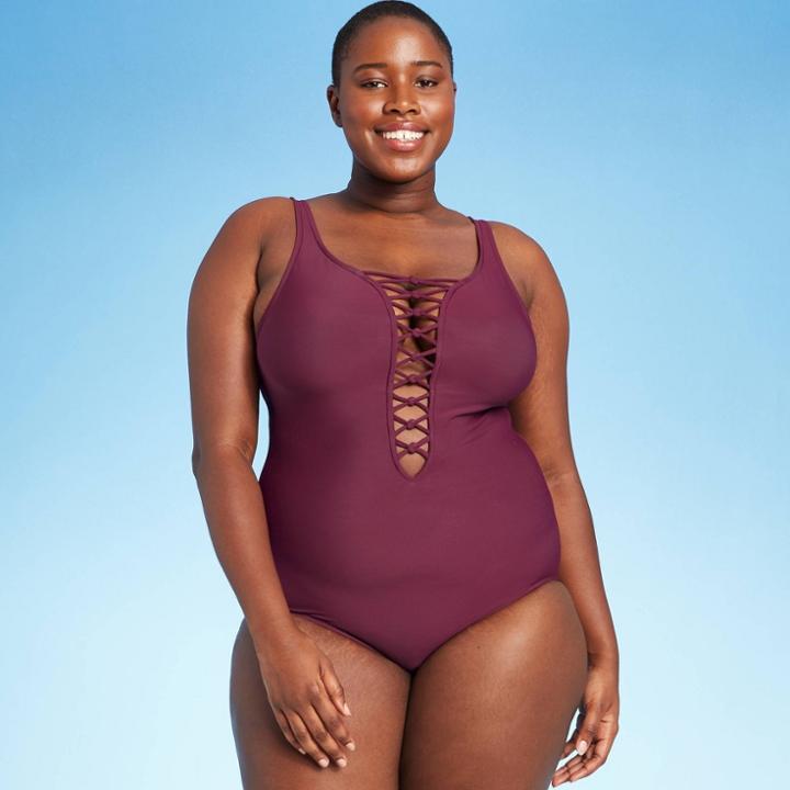 Women's Plus Size Lace-up One Piece Swimsuit - Aqua Green Currant Red