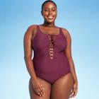 Women's Plus Size Lace-up One Piece Swimsuit - Aqua Green Currant Red