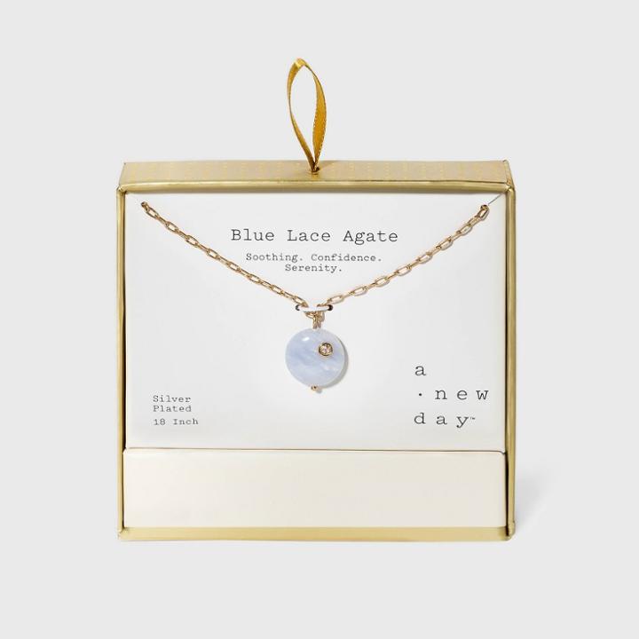 Silver Plated Blue Lace Agate Pierced Cubic Zirconia Paperclip Link Chain With Gold Finish Necklace - A New Day Blue