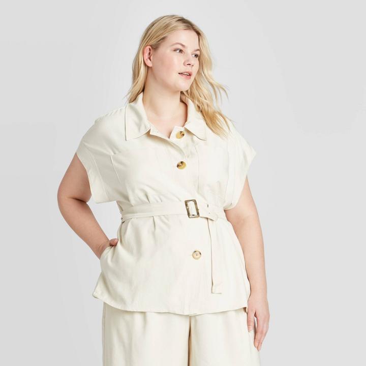 Women's Plus Size Short Sleeve Wide Lapels Utility Jacket - Who What Wear Off White 1x, Women's, Size: