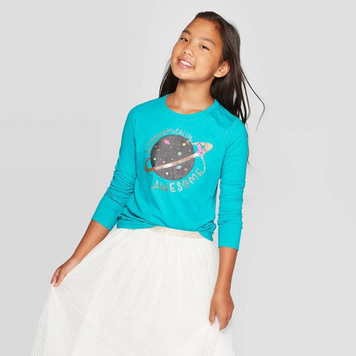 Girls' Long Sleeve Astronomically Awesome Graphic T-shirt - Cat & Jack Turquoise Xs, Girl's, Blue