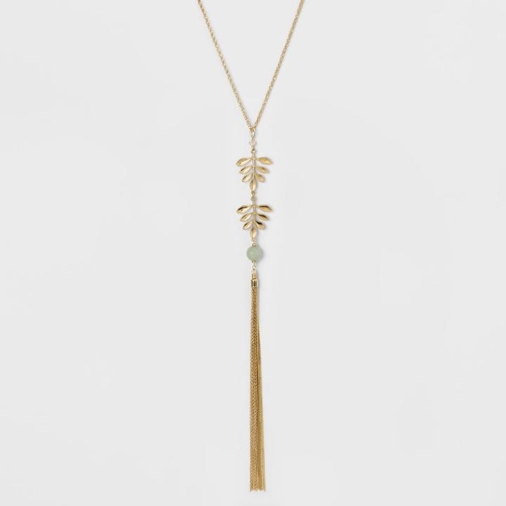 Two Leaves, Bead, And Chain Tassel Long Necklace - A New Day Gold