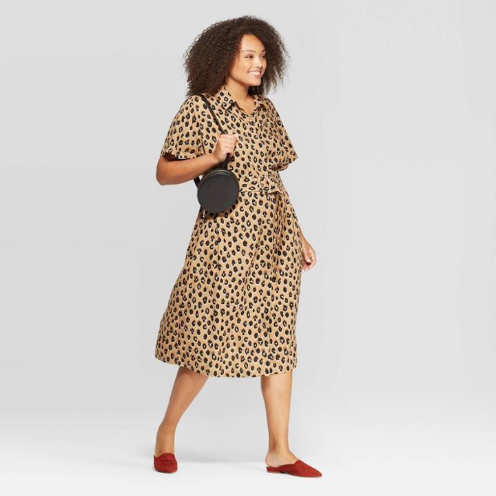 Women's Plus Size Leopard Print Short Sleeve V-neck Midi Shirtdress - A New Day Tan