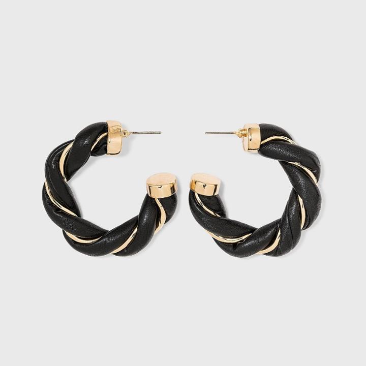 Faux Leather Twisted Hoop Earrings - A New Day Black