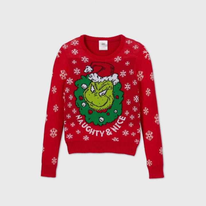 Girls' Dr. Seuss Grinch 'naughty & Nice' Pullover Sweater - Red