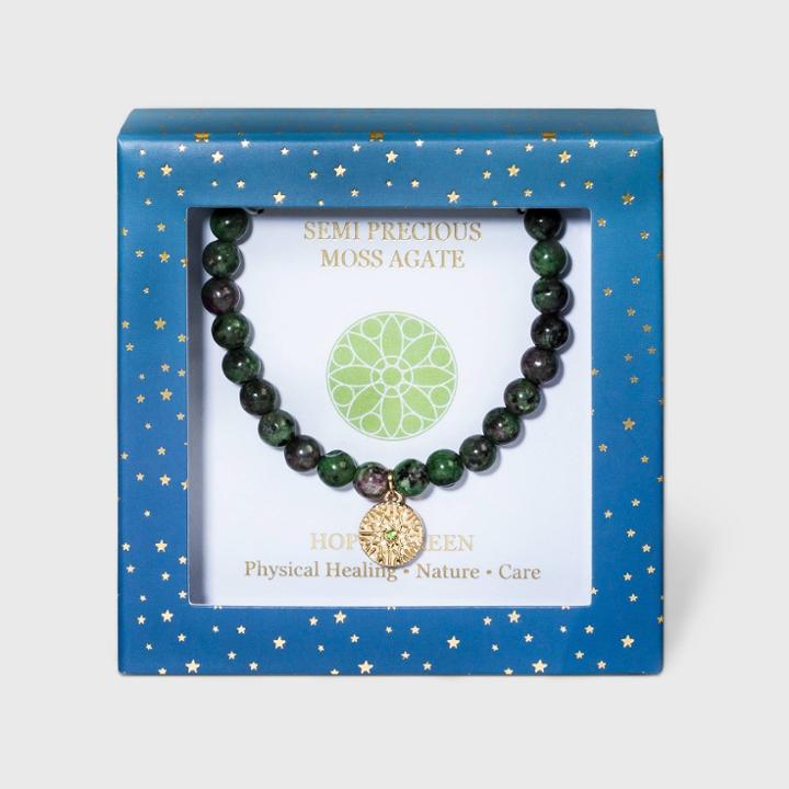 No Brand Semi-precious Moss Agate Beads And Mandala Stretch Bracelet - Green