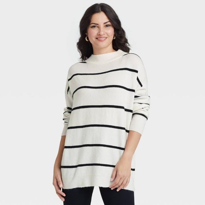 Women's Slouchy Mock Turtleneck Pullover Sweater - A New Day Cream Striped Xs, Ivory