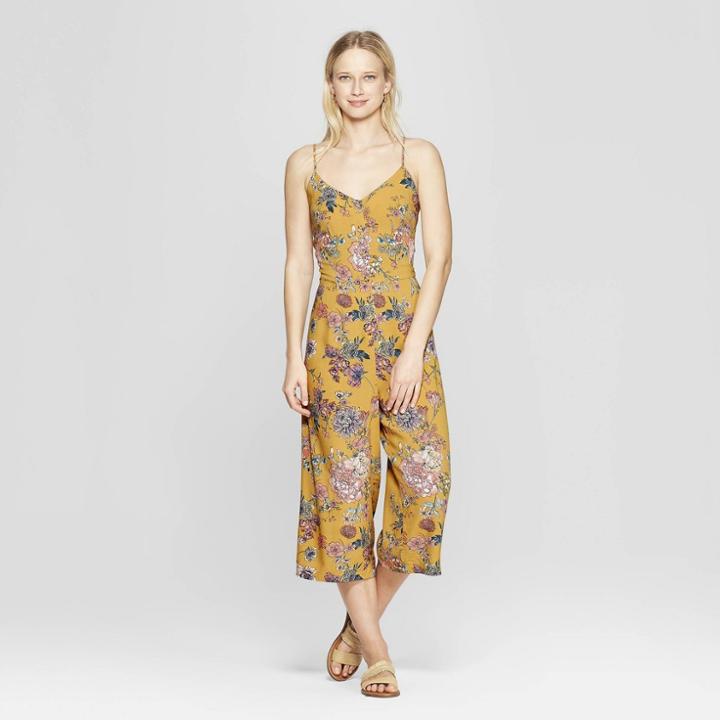 Women's Floral Print V-neck Strappy Button Tie Front Cropped Jumpsuit - Xhilaration Golden