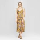 Women's Floral Print V-neck Strappy Button Tie Front Cropped Jumpsuit - Xhilaration Golden