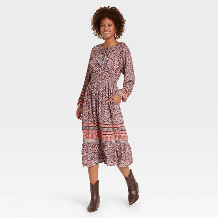 Women's Long Sleeve Smocked Dress - Knox Rose Gray Floral