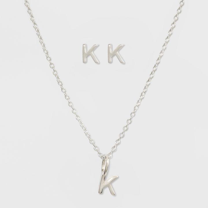 Sterling Silver Initial K Earrings And Necklace Set - A New Day Silver, Girl's,