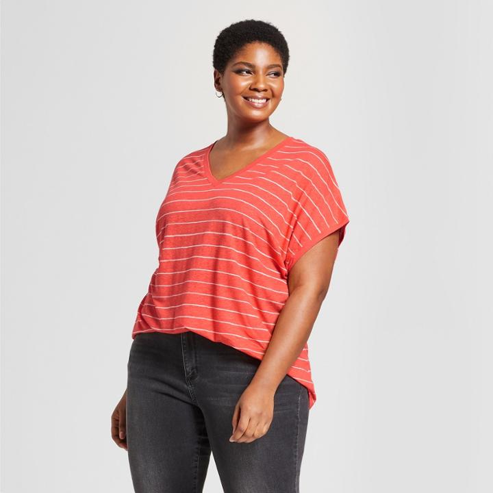 Women's Plus Size Striped V-neck Short Sleeve T-shirt - Ava & Viv Orange X