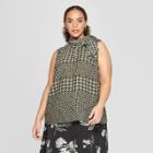 Women's Plus Size Houndstooth Tie Neck Shell - Who What Wear Black/cream (black/ivory)
