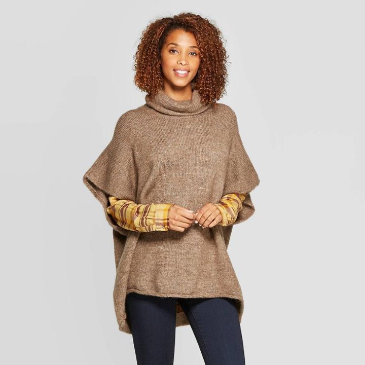 Women's Rolled Edge Poncho - Universal Thread Brown One Size, Women's