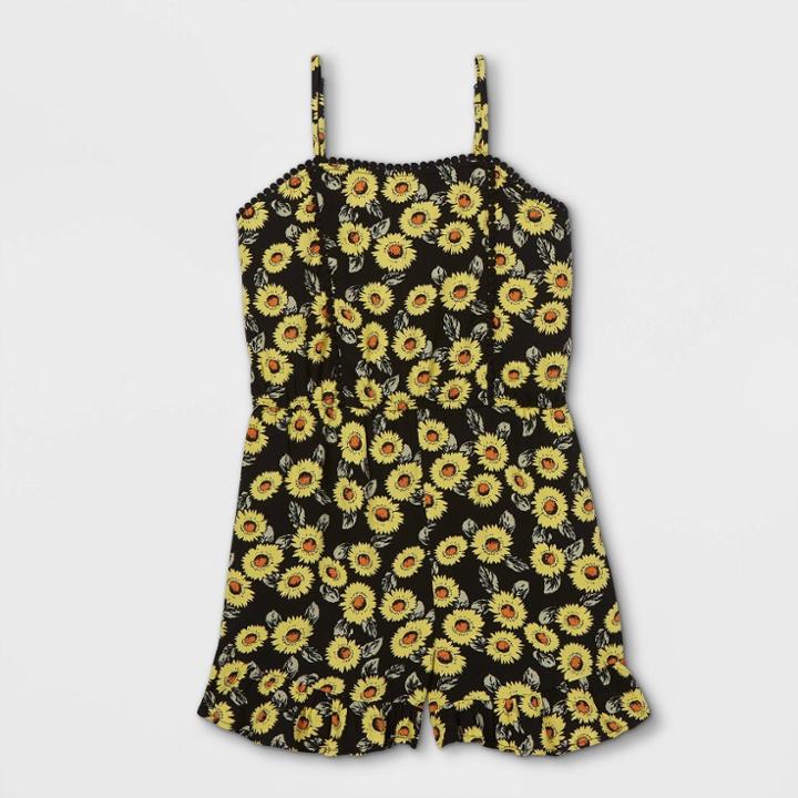 Girls' Challis Ruffle Bottom Sleeveless Romper - Art Class Black