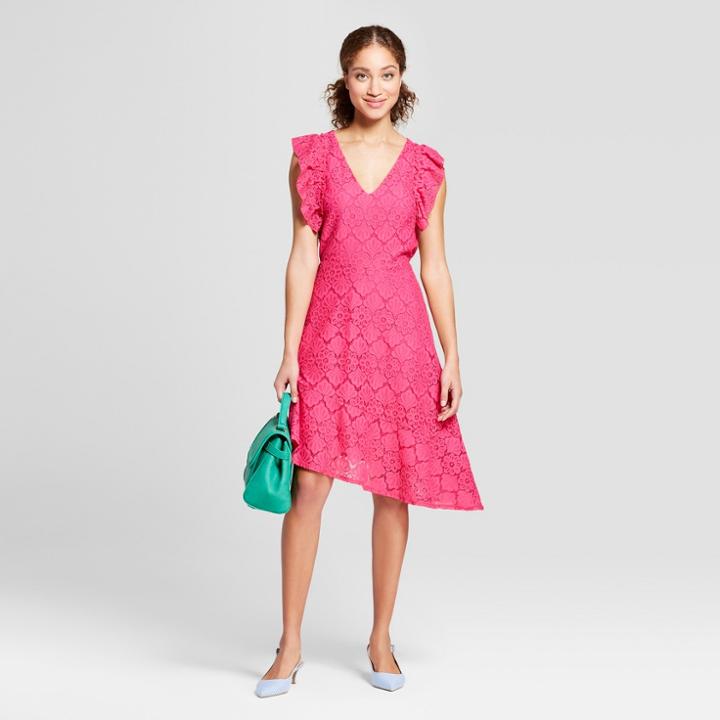 Women's Short Sleeve Lace Asymmetrical Hem Dress - A New Day Pink