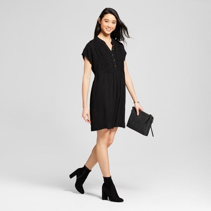 Women's Short Sleeve Crochet Button Front Dress With Pockets - Knox Rose Black
